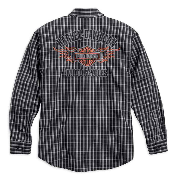 Harley-Davidson® Men's Flames Plaid Shirt LS, Black/White. 99006