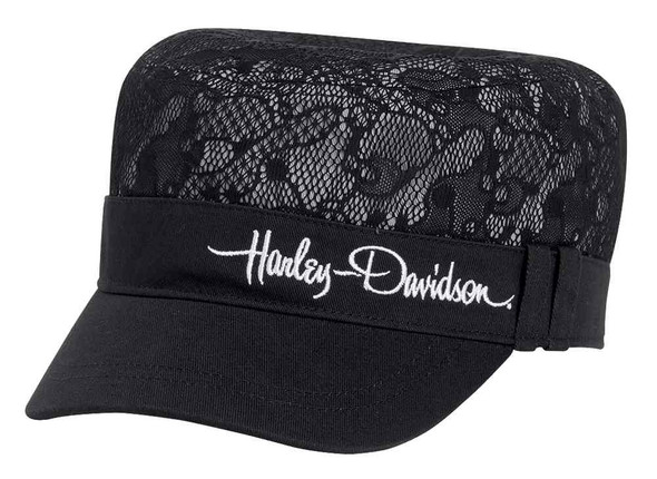 Harley-Davidson Women's Lace Accent Flat Top Cap Hat, Black. 99542-16VW - Wisconsin Harley-Davidson