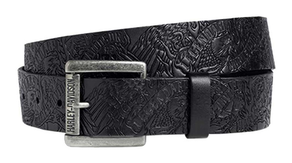 Harley-Davidson Men's Allover Embossed Graphic Belt, Black Leather 97619-16VM - Wisconsin Harley-Davidson