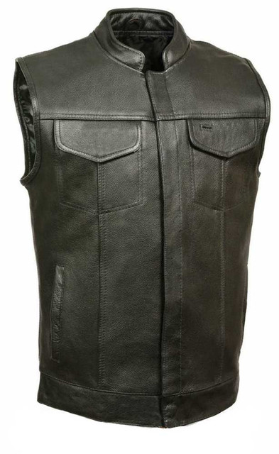 Leather King Men's Open Neck Vest With Hidden Snaps, Black SH2036 - Wisconsin Harley-Davidson