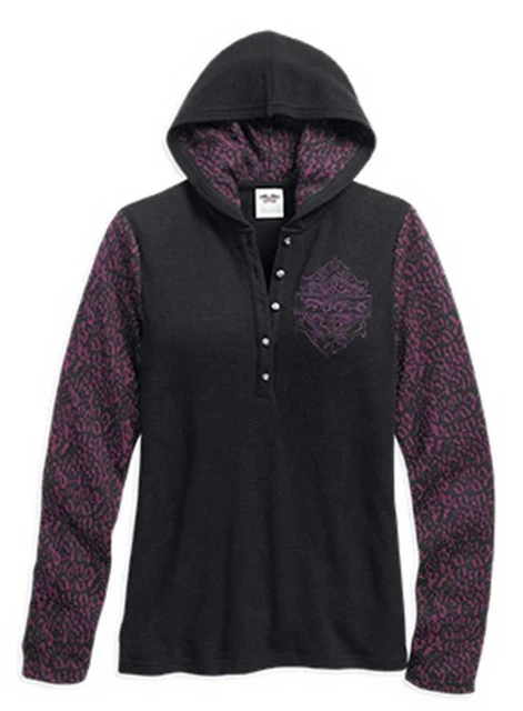 Harley-Davidson Women's Animal Print Arm Hooded Henley, Black/Purple. 96164-16VW - Wisconsin Harley-Davidson