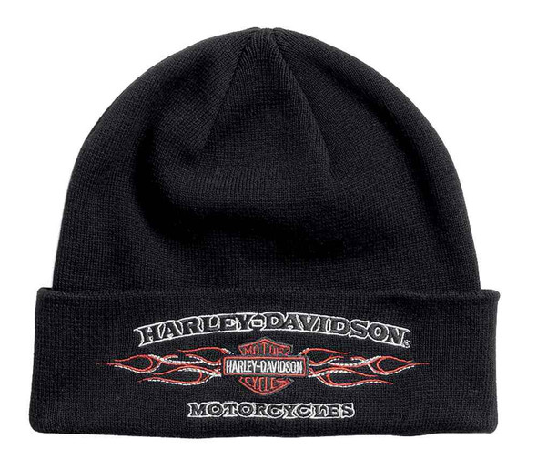 Harley-Davidson Mens Embroidered Flames Cuffed Knit Beanie Hat, Black 99433-16VM - Wisconsin Harley-Davidson