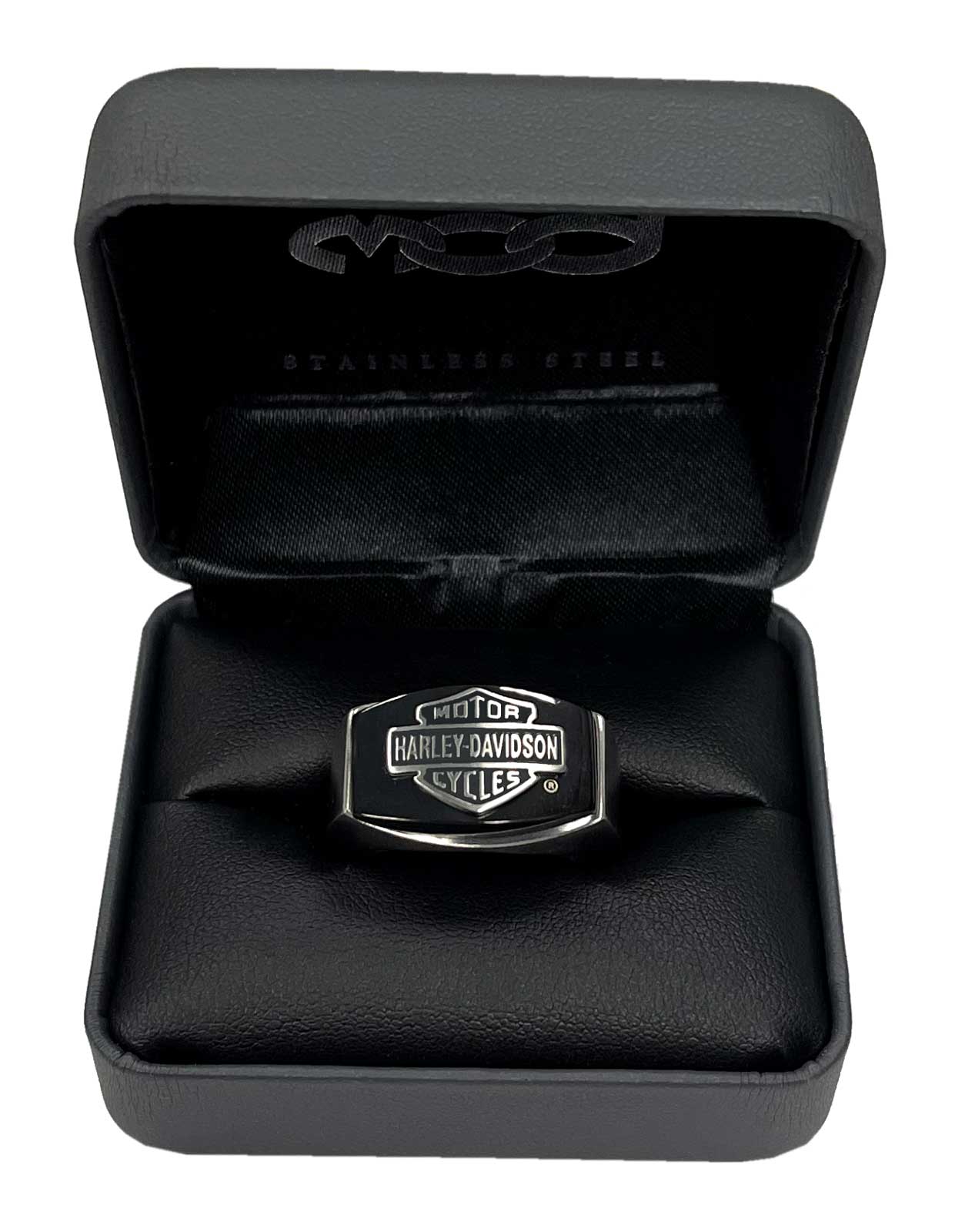 Harley-Davidson® Mens Bar & Shield Black Steel Stone Ring