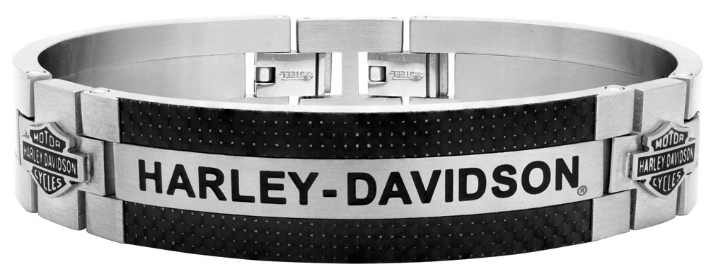 Harley-Davidson Mens Steel & Carbon Fiber Cuff Bracelet Black/Silver HSB0005-7.5 - Wisconsin Harley-Davidson