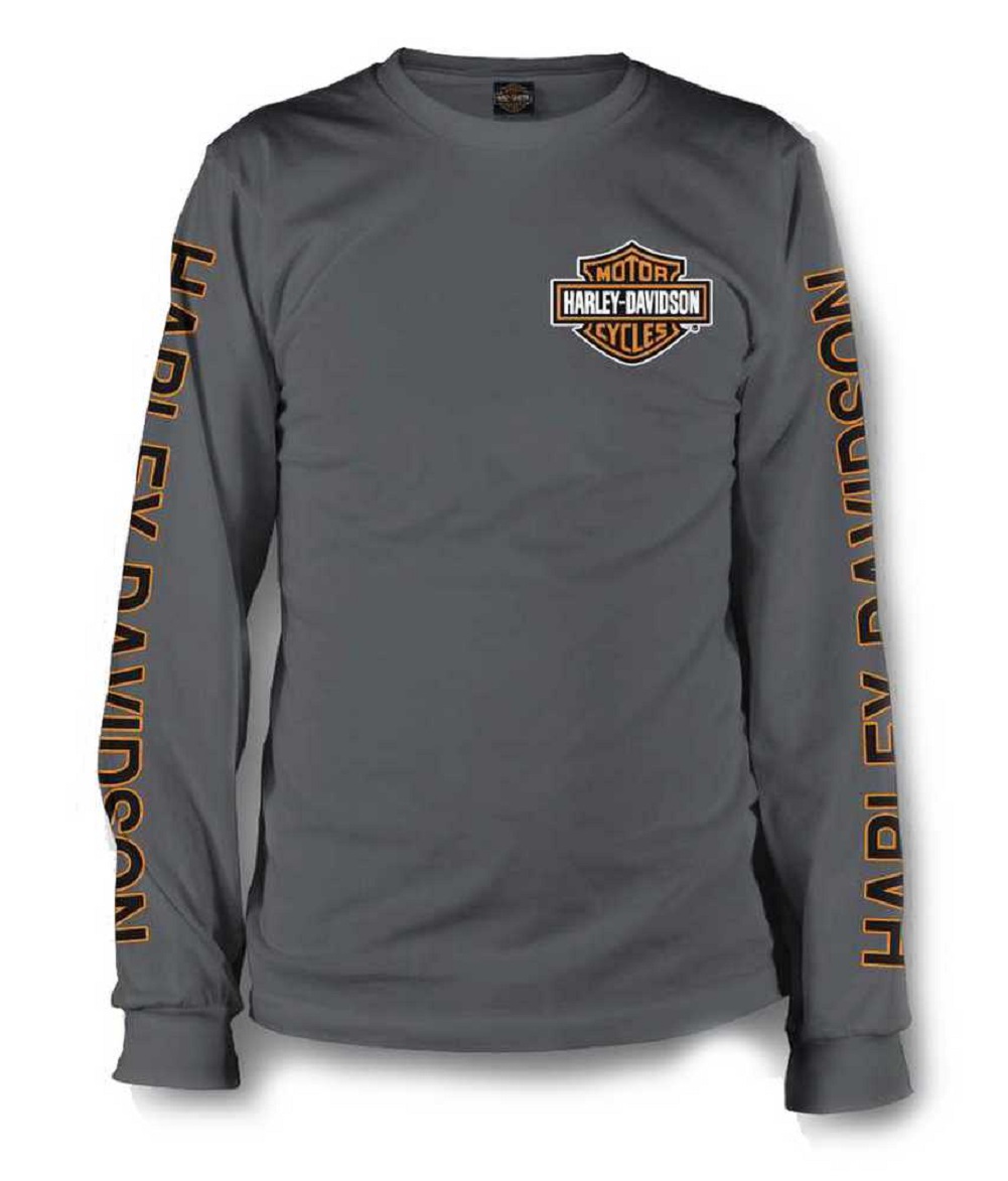 Harley-Davidson Men's Long Sleeve Orange Bar & Shield Grey Shirt 30291963 - Wisconsin Harley-Davidson