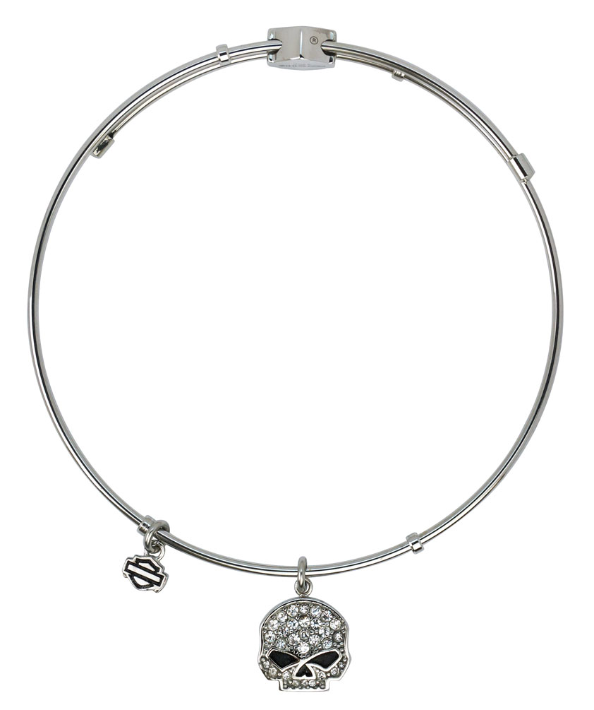 Harley-Davidson Womens Bangle, White Bling Willie G Skull Charm Bracelet HSB0043 - Wisconsin Harley-Davidson