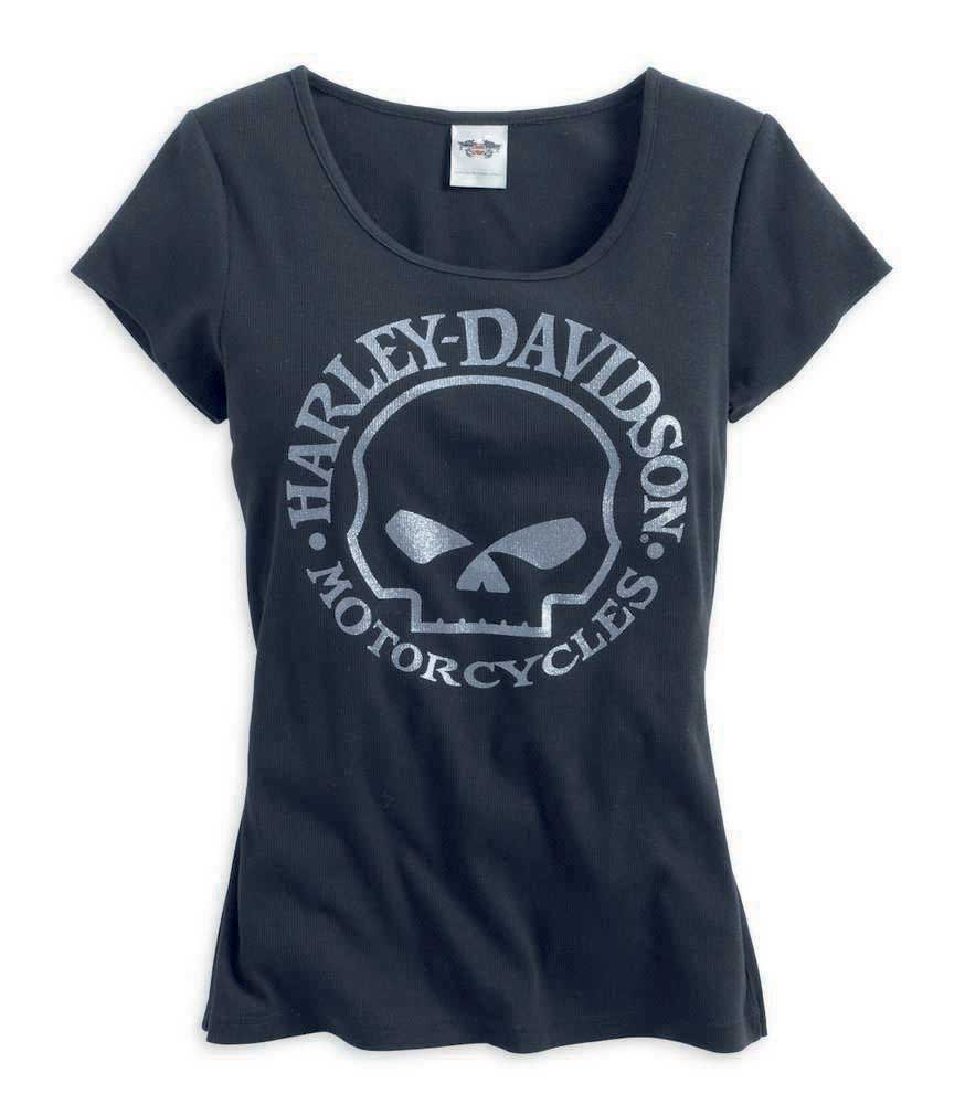 Harley-Davidson Women's Scoop Neck Glitter Skull Tee T-Shirt, Black 99146-14VW - Wisconsin Harley-Davidson