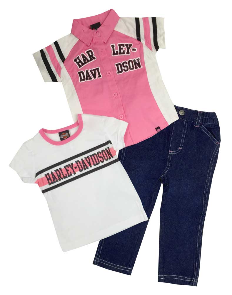 Harley-Davidson Little Girls' Glittery Denim Pant Set, 3 Piece Set, Pink 2020407 - Wisconsin Harley-Davidson