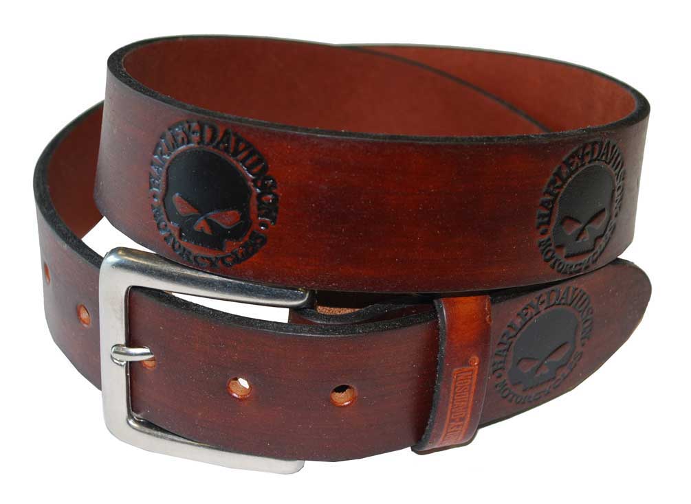 Harley-Davidson Men's Embossed Black Willie G. Skull Leather Belt Brown HD283-C - Wisconsin Harley-Davidson