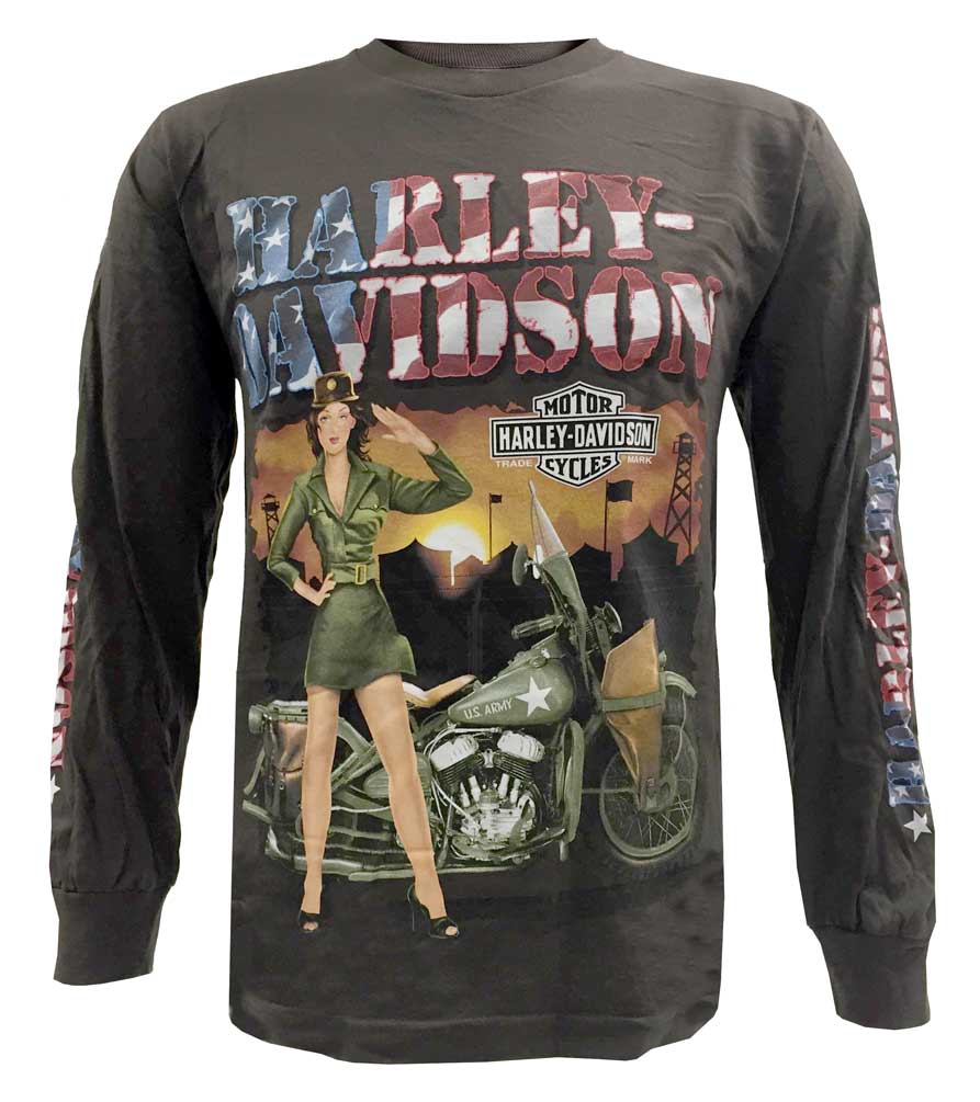Harley-Davidson Men's Long Sleeve Shirt, Patriotic Army Pinup Girl, Chocolate - Wisconsin Harley-Davidson