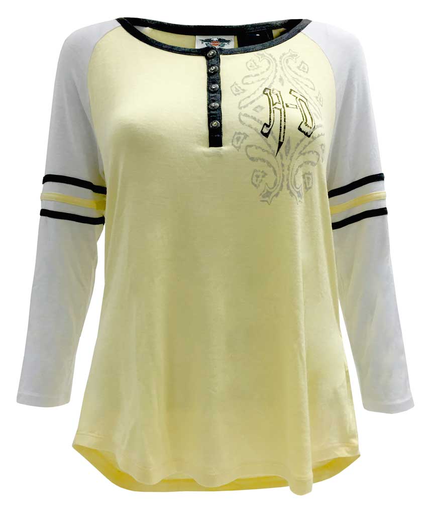 Harley-Davidson Women's Embellished Colorblocked Henley Shirt, Yellow 96220-16VW - Wisconsin Harley-Davidson