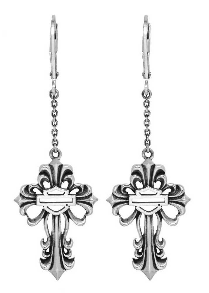 Harley-Davidson Women's Earrings, Bar & Shield Filigree Cross, Silver HDE0311 - Wisconsin Harley-Davidson