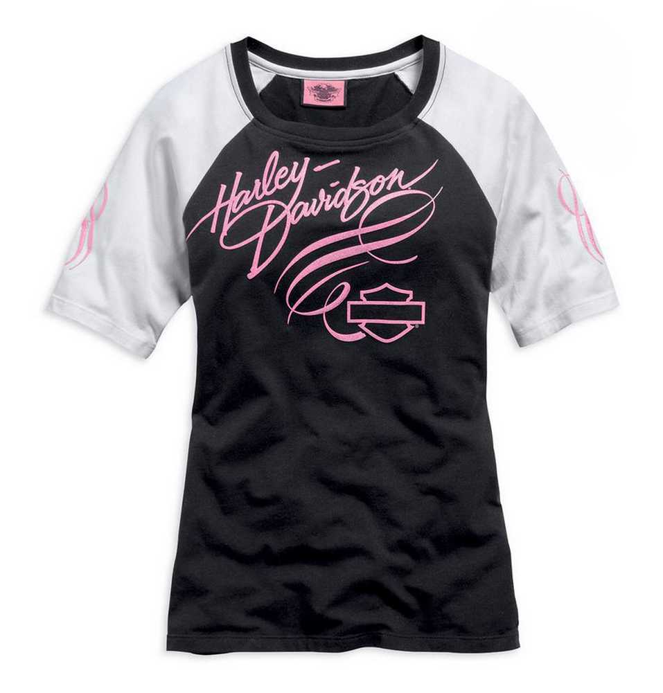 Harley-Davidson Women's Pink Label S/S Raglan Shirt Black/White/Pink. 99133-15VW - Wisconsin Harley-Davidson