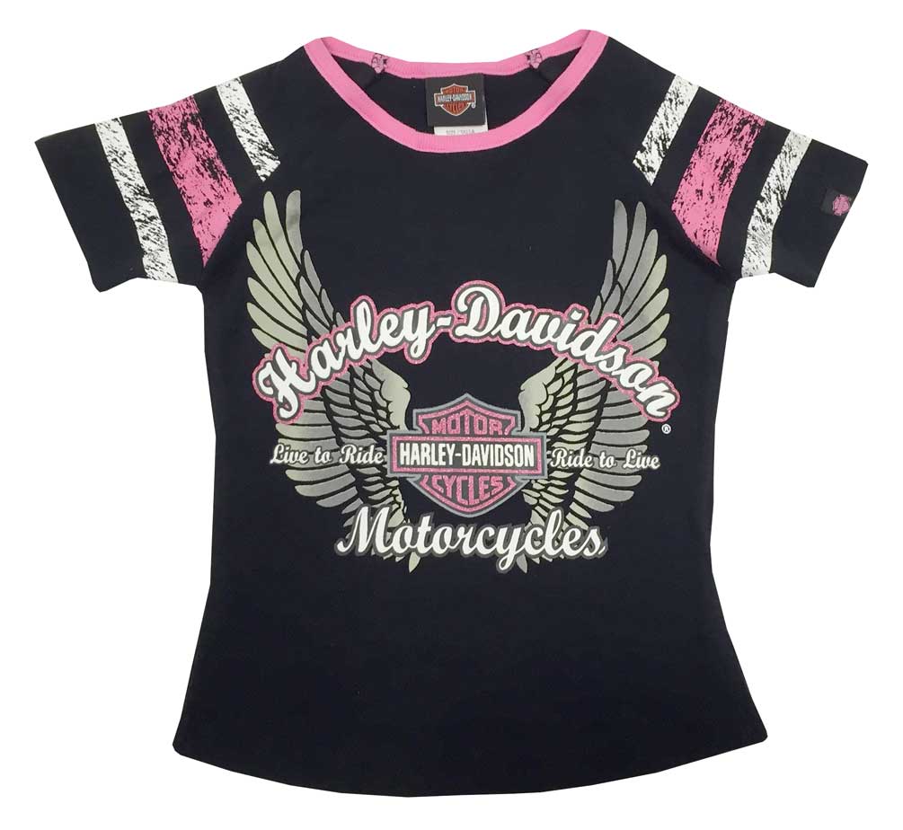 Harley-Davidson Little Girls' Glittery Winged B&S Sporty Tee, Black/Pink 1030569 - Wisconsin Harley-Davidson