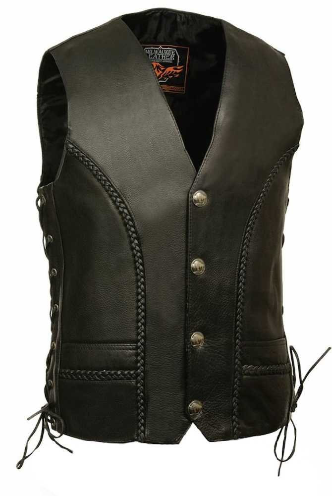 Milwaukee Leather Men's Braided Side Lace Vest w/ Buffalo Snaps ML1359 - Wisconsin Harley-Davidson