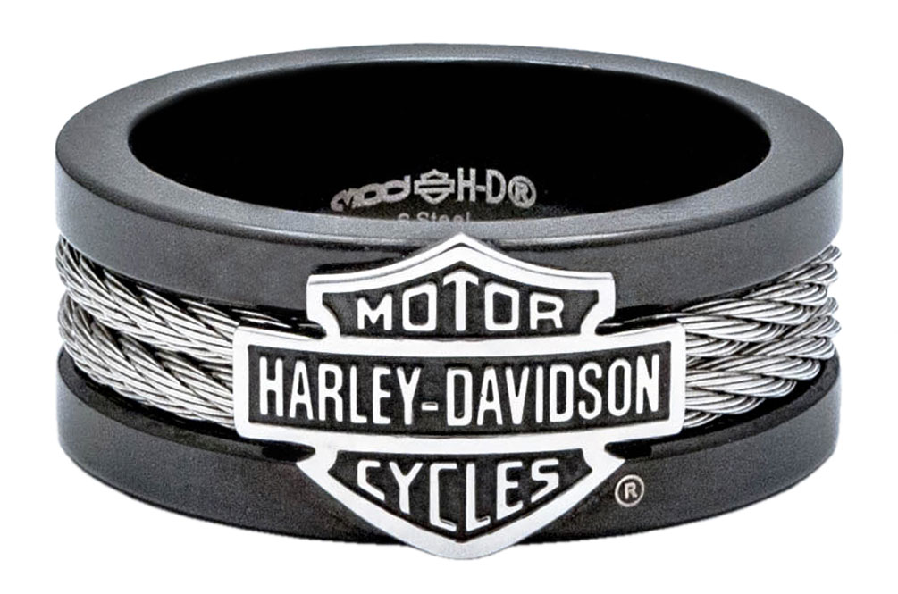 Harley-Davidson® Men's Ring, Bar & Shield Steel Cable Band, Black