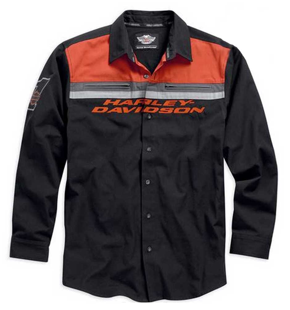 Harley-Davidson メンズ長袖シャツ オレンジ×ブラック Harley-Davidson® Colorblocked L/S Woven Button Shirt Black/Orange