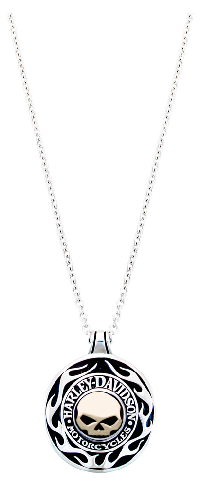 Harley-Davidson Mens Necklace, Flames Willie G Skull 14kt Gold Medallion HMN0014 - Wisconsin Harley-Davidson
