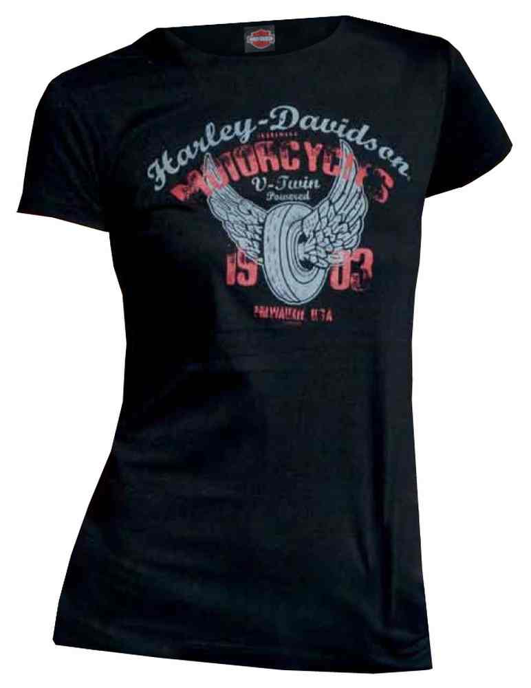 Harley-Davidson Women's Juniors T-Shirt, Distressed Powered Wheel Rubber, Black - Wisconsin Harley-Davidson
