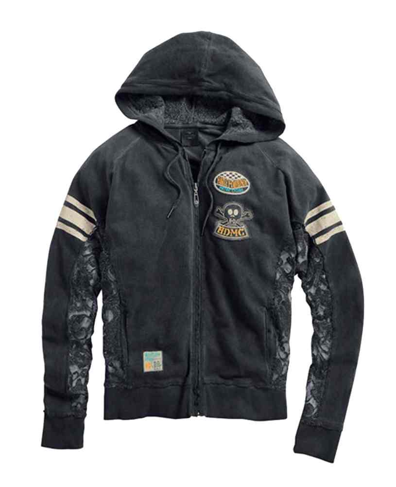 Harley-Davidson Women's Lace Inset Skull Zip-Up Hoodie, Washed Black 96003-15VW - Wisconsin Harley-Davidson