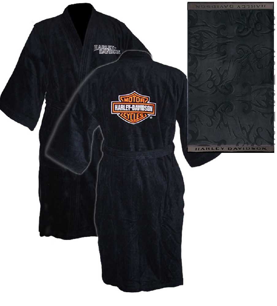 Harley-Davidson Unisex Black Kimono Robe Bathrobe w/ Bath Towel 6055 - Wisconsin Harley-Davidson