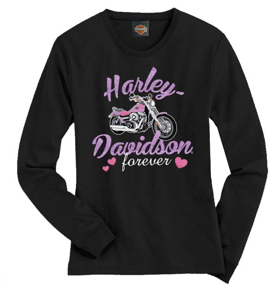 Harley-Davidson Little Girls' Tee, Long Sleeve Glitter Bike Shirt, Black 1530585 - Wisconsin Harley-Davidson