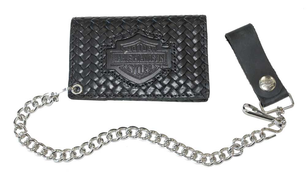 Harley-Davidson Men's B&S Basket Weave Tri-Fold Biker Chain Wallet Black BH338 - Wisconsin Harley-Davidson