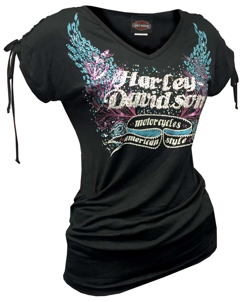 Harley-Davidson Women's Embellished H-D Script Winged Short Sleeve Tee, Black - Wisconsin Harley-Davidson