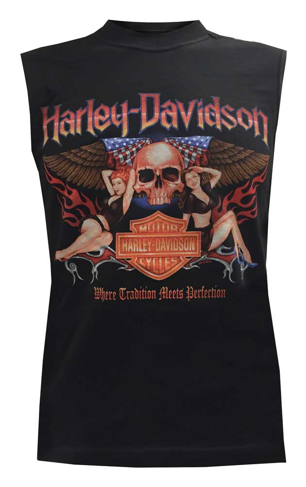 Harley-Davidson Men's Sleeveless Muscle Tee, Spread Wings Pin-Up Ladies, Black - Wisconsin Harley-Davidson