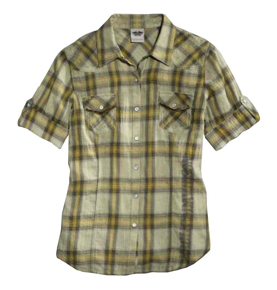 Harley-Davidson Women's Woven Shirt, Bar & Shield Plaid Tee, Gold 96017-15VW - Wisconsin Harley-Davidson