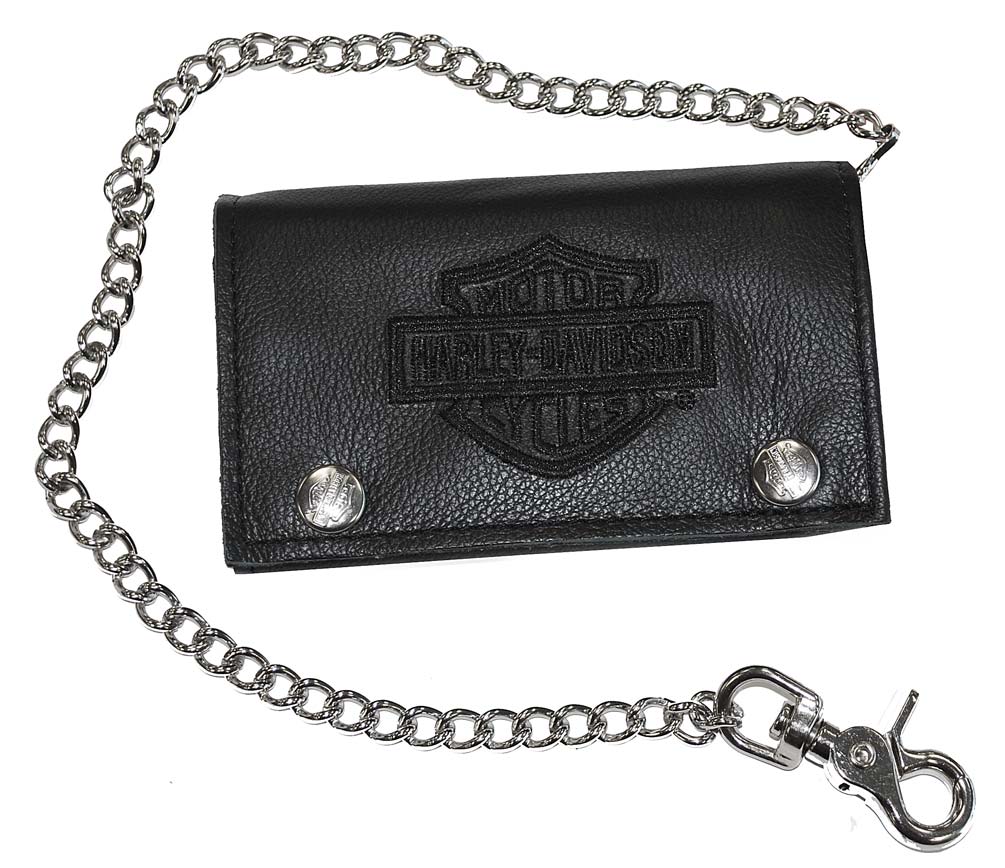 Harley-Davidson Men's Embroidered XL Tri-Fold Chain Wallet Leather TC817H-2B - Wisconsin Harley-Davidson