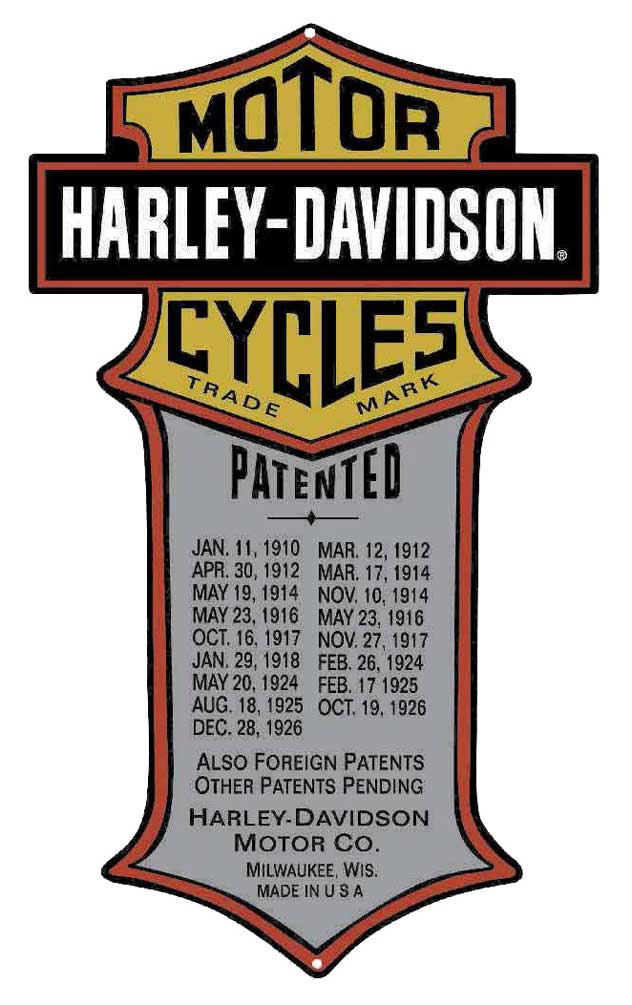 Harley-Davidson Patented Dates Tin Metal Sign 11 x 18 Inches 2010181 - Wisconsin Harley-Davidson