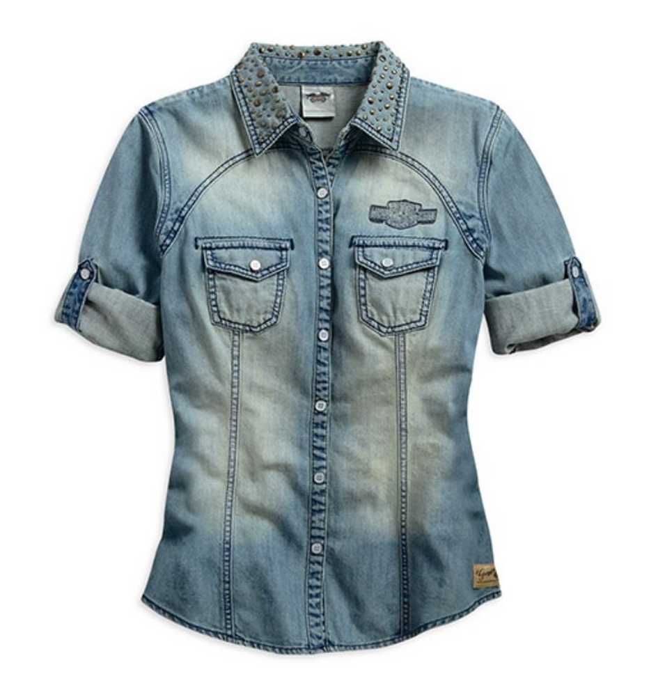 Harley-Davidson Women's Genuine Short Sleeve Denim Shirt, Light Blue. 99137-15VW - Wisconsin Harley-Davidson