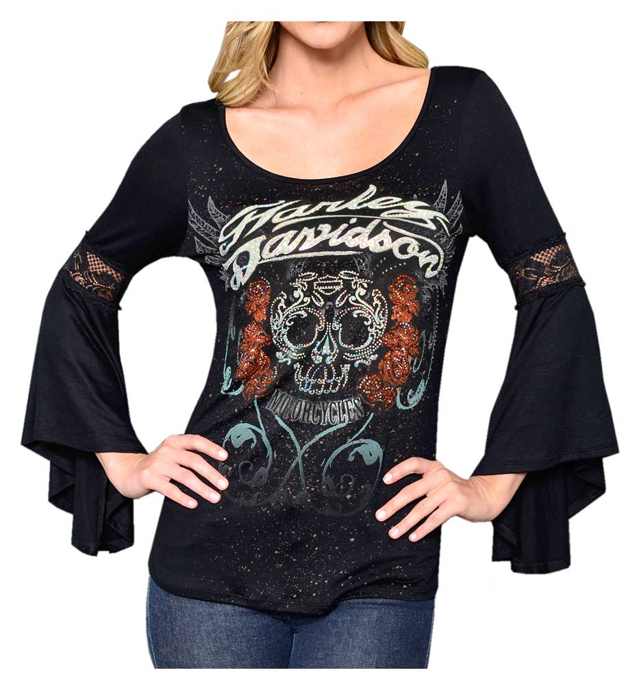 Harley-Davidson Women's Embellished Rose Skull Long Sleeve Shirt, Black - Wisconsin Harley-Davidson