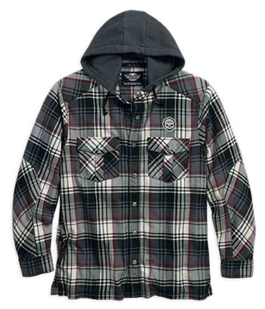 Harley-Davidson Men's Hooded Plaid Flannel Shirt Jacket, Grey/Red. 96053-16VM - Wisconsin Harley-Davidson