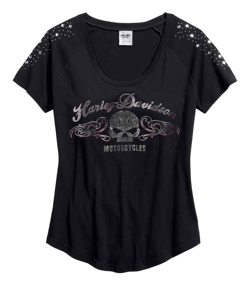Harley-Davidson Women's Scroll Skull Scoop Short Sleeve Tee, Black 99164-16VW - Wisconsin Harley-Davidson