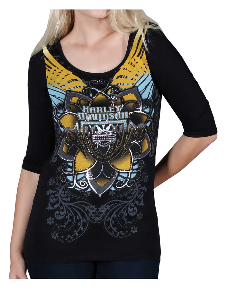 Harley-Davidson Women's Shirt, Embellished Fire Flower Print 3/4 Sleeve, Black - Wisconsin Harley-Davidson