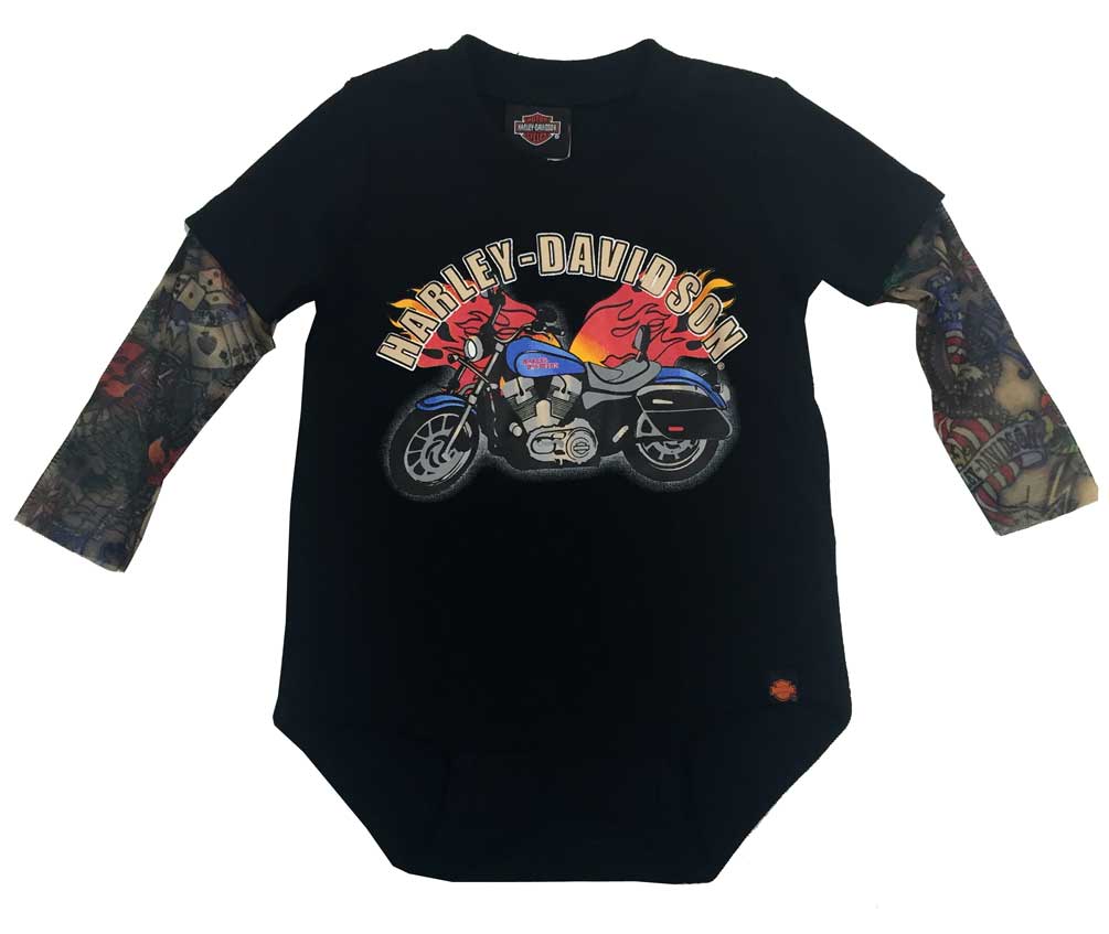 Harley-Davidson Baby Boys' Motorcycle Newborn Creeper w/ Tattoo Sleeves 3050641 - Wisconsin Harley-Davidson