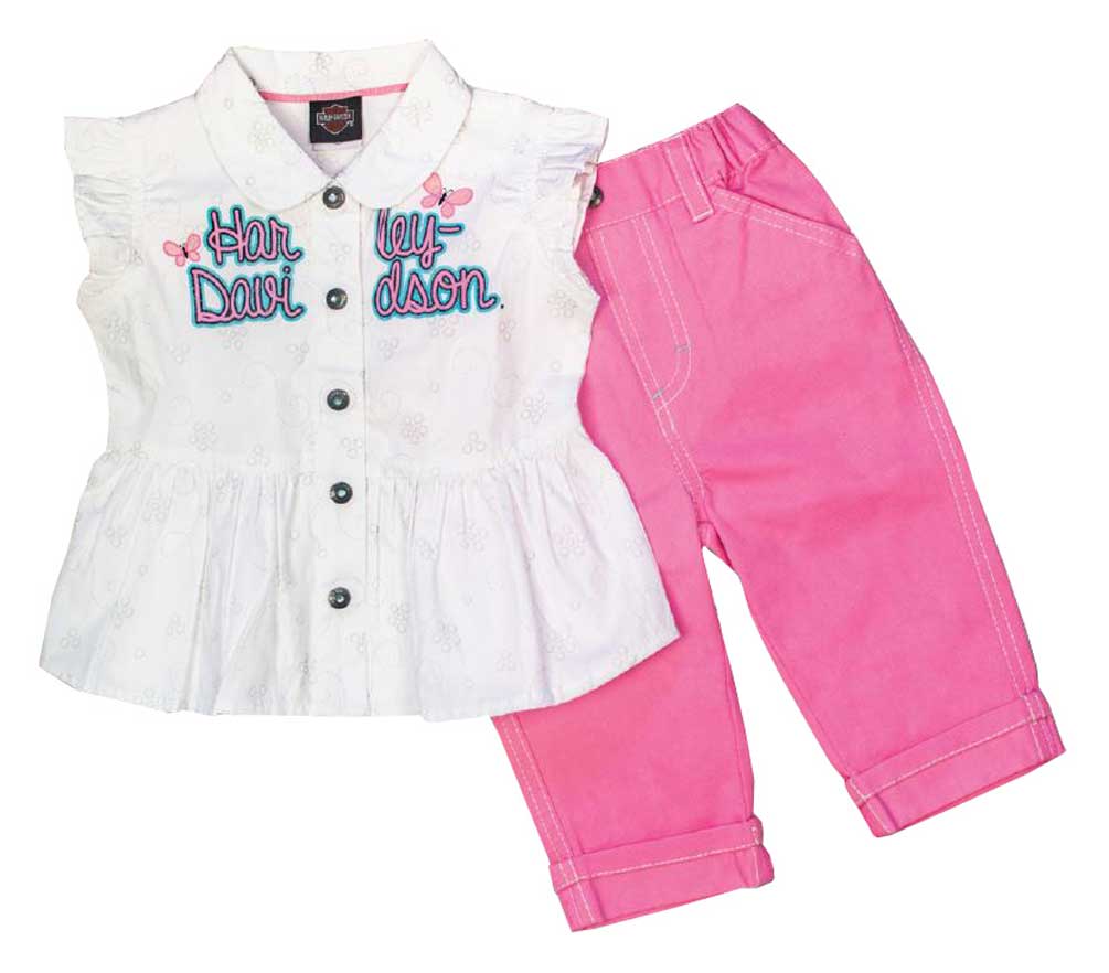 Harley-Davidson Baby Girls' 2 Piece Woven Infant Pant Set, Pink/White 2011625 - Wisconsin Harley-Davidson