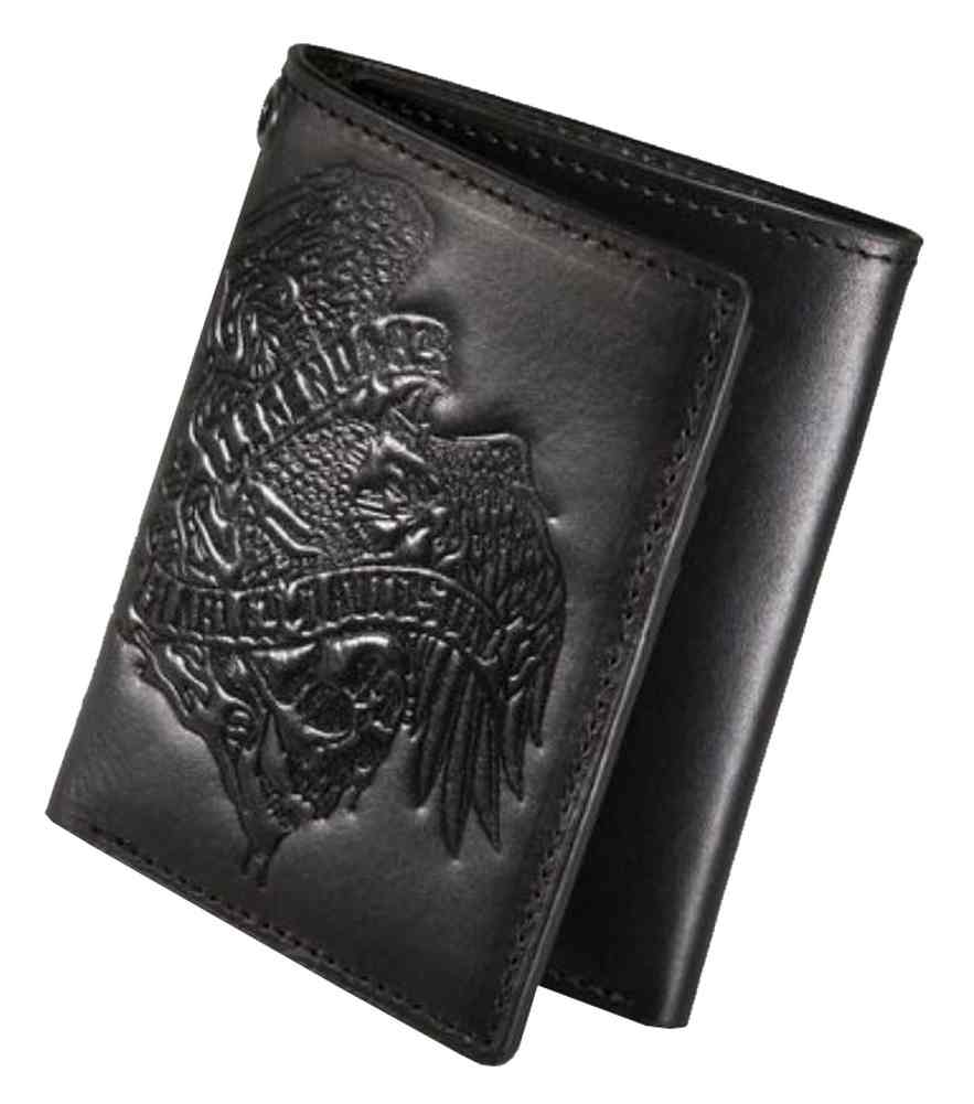 Harley-Davidson Men's Debossed Eagle Tri-Fold Wallet, Black Leather 97634-16VM - Wisconsin Harley-Davidson