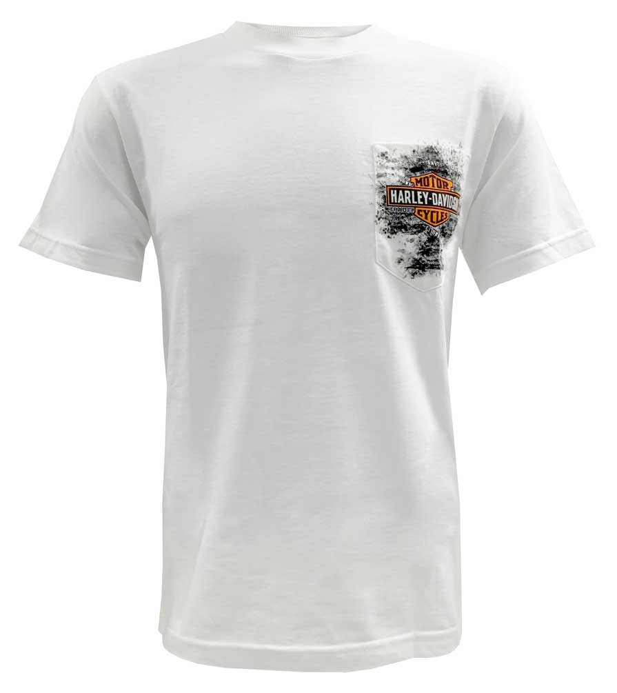 Harley-Davidson Men's Short Sleeve Pocket Tee, Distressed Bar & Shield, White - Wisconsin Harley-Davidson