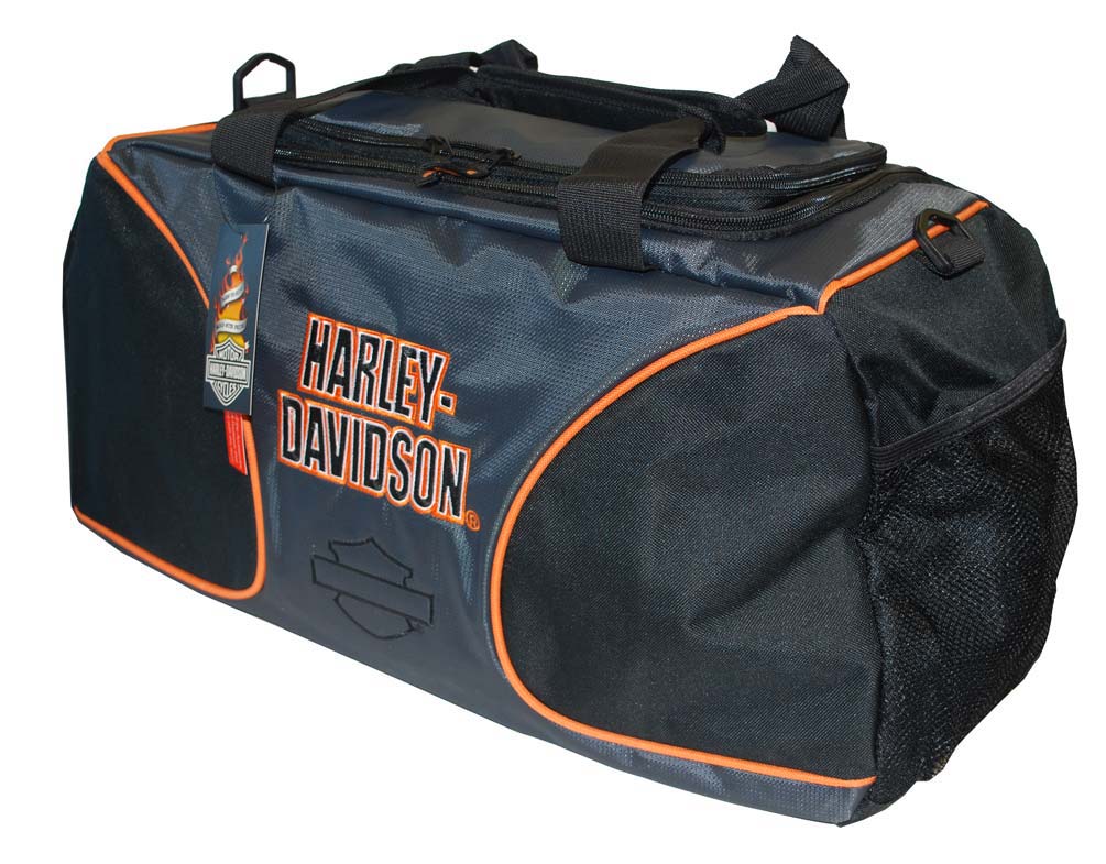 orange and black duffle bag