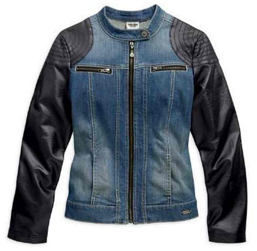 black denim jacket with leather sleeves