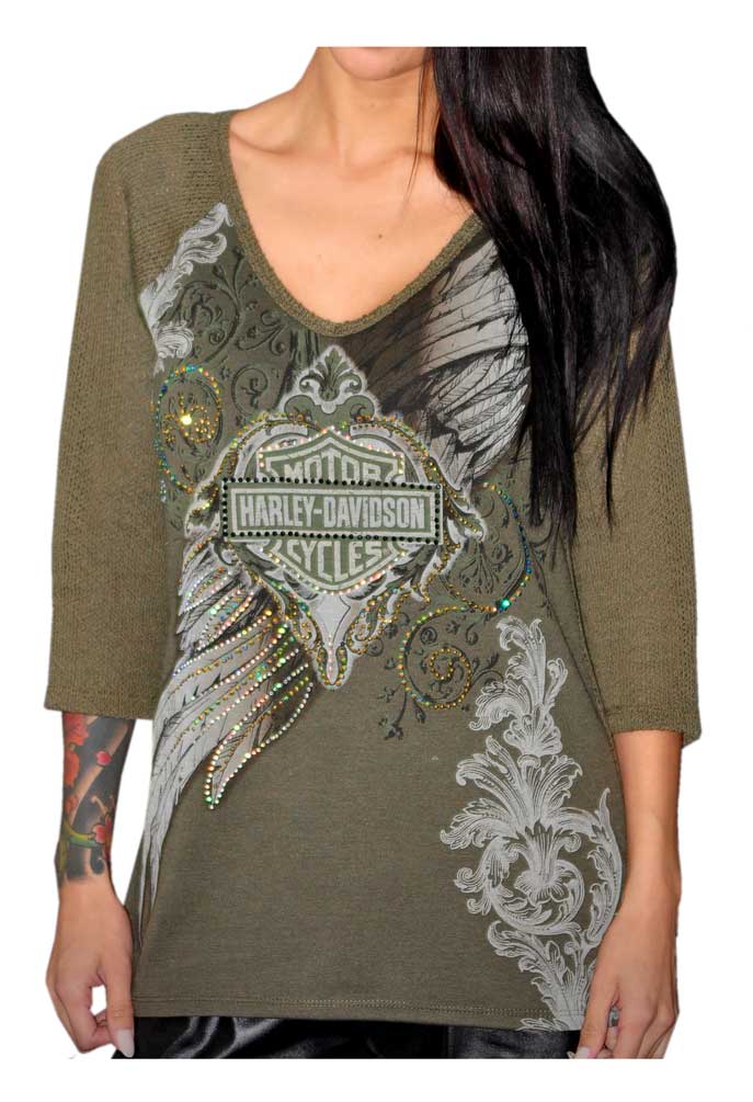 Harley-Davidson Women's Wings of a Diamond, 3/4 Sleeve Tee, Embellished HD133OLV - Wisconsin Harley-Davidson