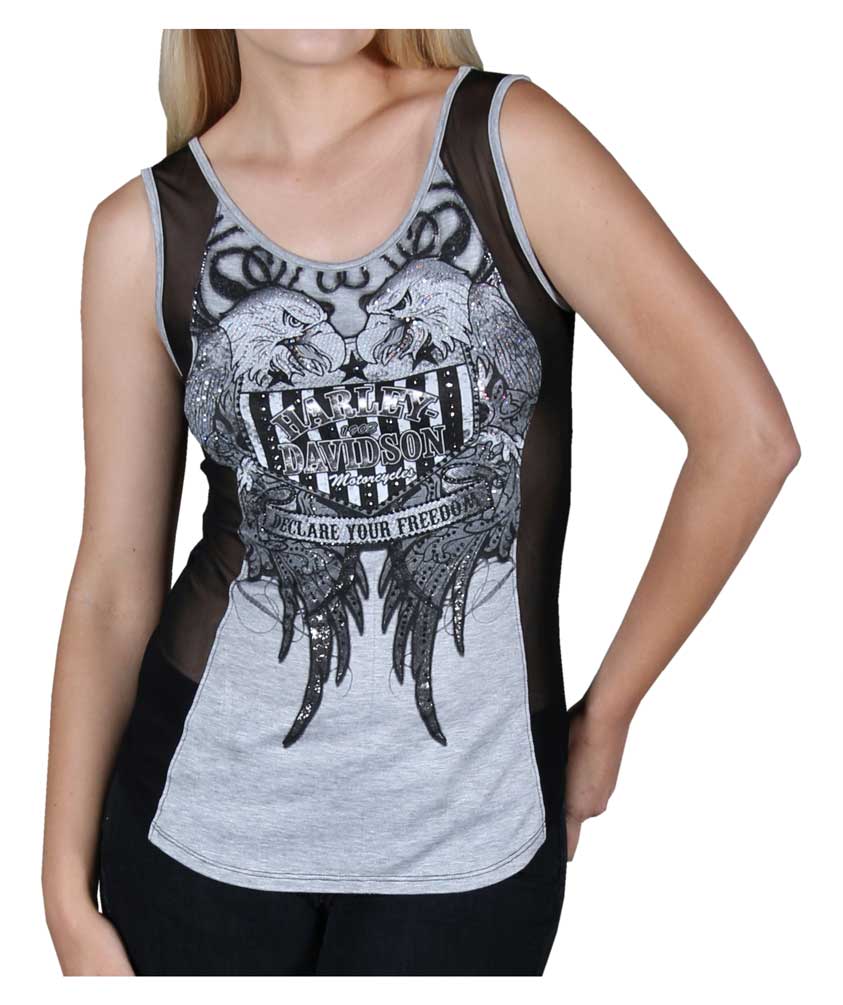 Harley-Davidson Women's Tank Top, Embellished Declare Freedom Mesh Sides, Gray - Wisconsin Harley-Davidson
