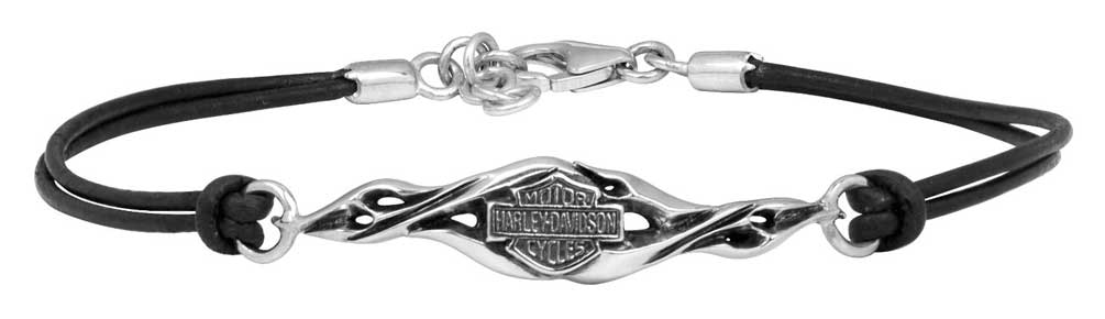 Harley-Davidson Women's Bar & Shield Flame Bracelet, Silver & Leather HDB0255 - Wisconsin Harley-Davidson