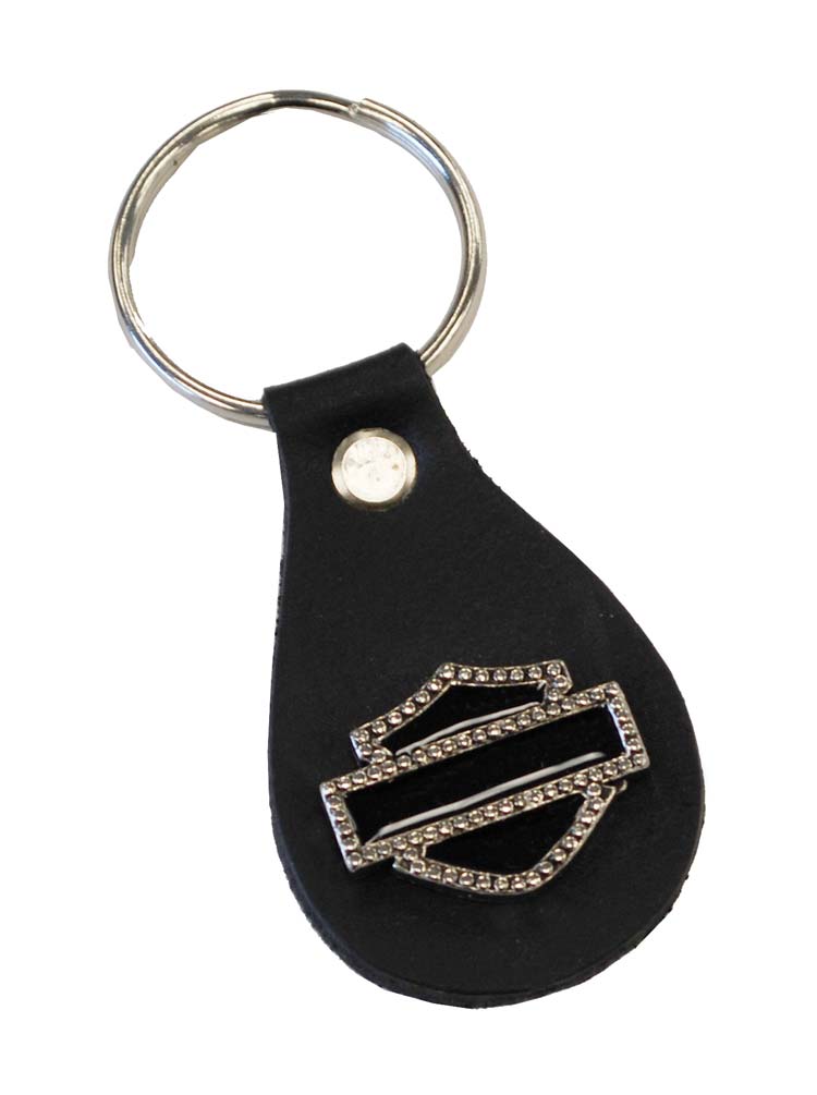 Harley-Davidson Black Leather Enamel Bling Bar & Shield Key FOB K72H - Wisconsin Harley-Davidson