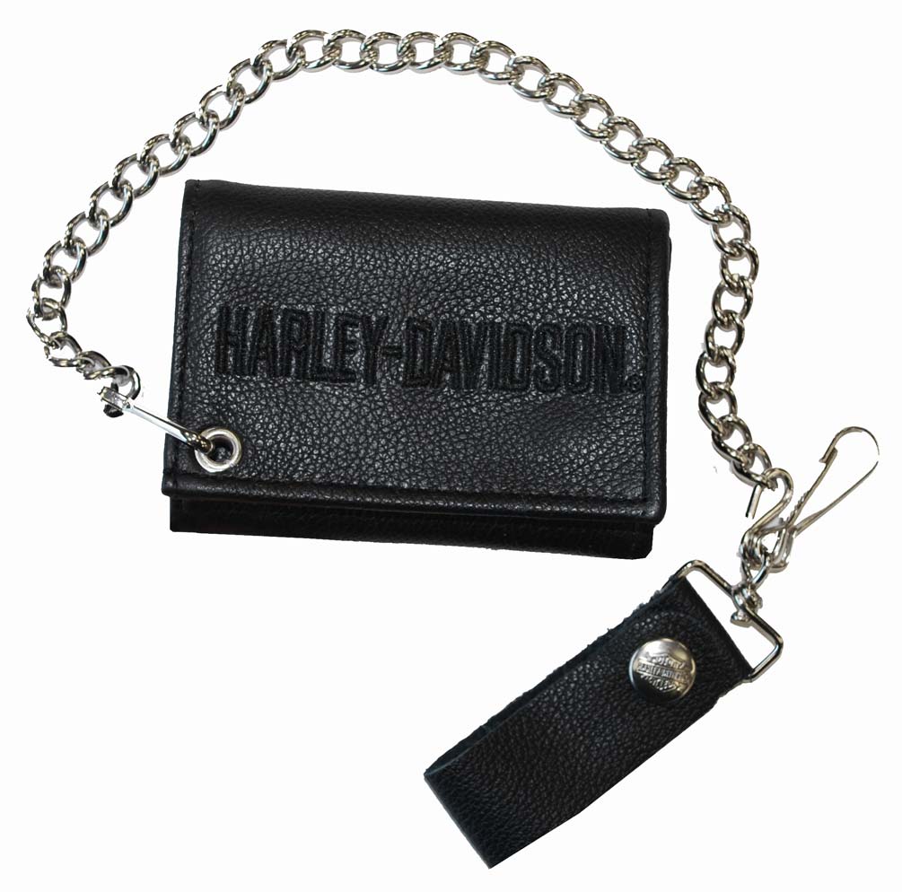 Harley-Davidson Men's Embroidered Tri-Fold Chain Wallet Black Leather TC813H-7B - Wisconsin Harley-Davidson