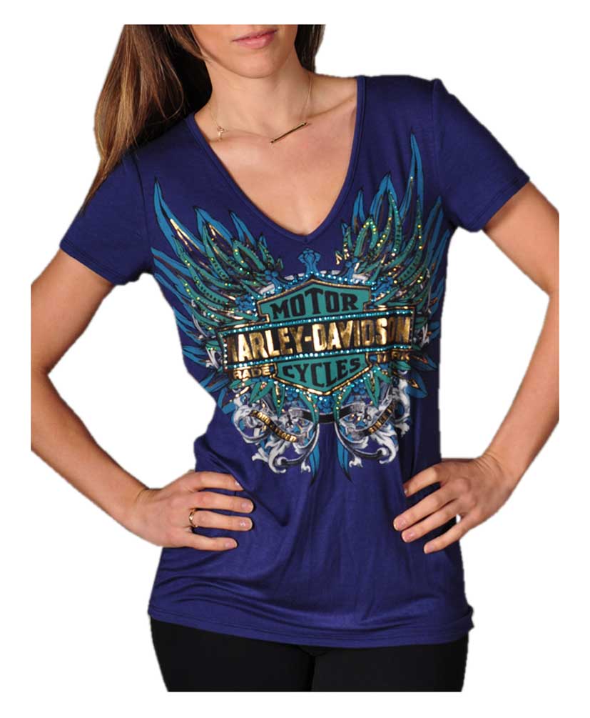 Harley-Davidson Women's Tee, Rhinestone Live To Ride Free B&S, Blue HD215-007BLU - Wisconsin Harley-Davidson