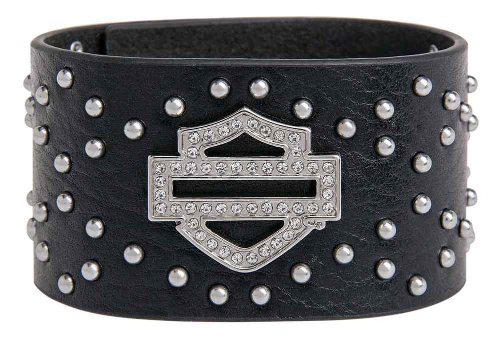 Harley-Davidson Women's Hammered Embellished B&S Studded Cuff HDWCU11070-BLK - Wisconsin Harley-Davidson